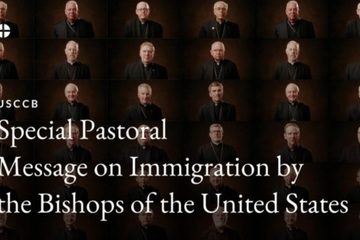 Portraits of US Catholic Bishops with overlay title "Special Pastoral Message on Immigration by the Bishops of the United States"