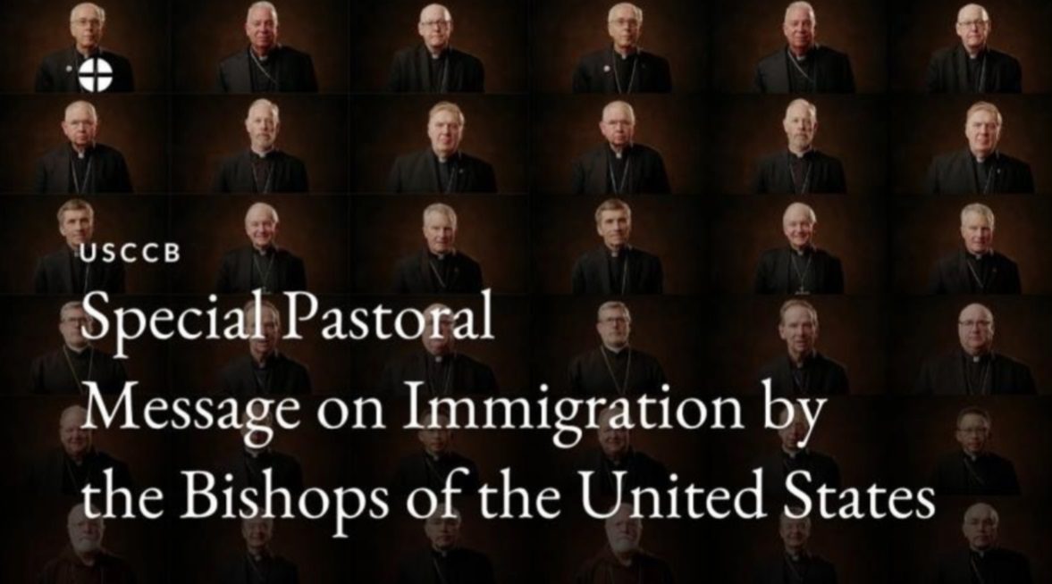 Portraits of US Catholic Bishops with overlay title "Special Pastoral Message on Immigration by the Bishops of the United States"